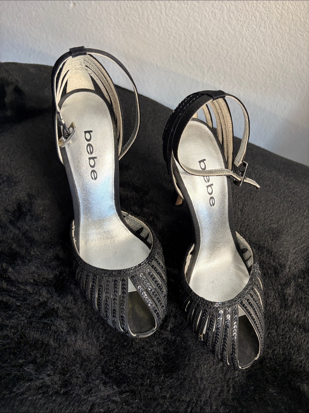 bebe Black Sequin Peep-Toe Ankle-Strap Heels